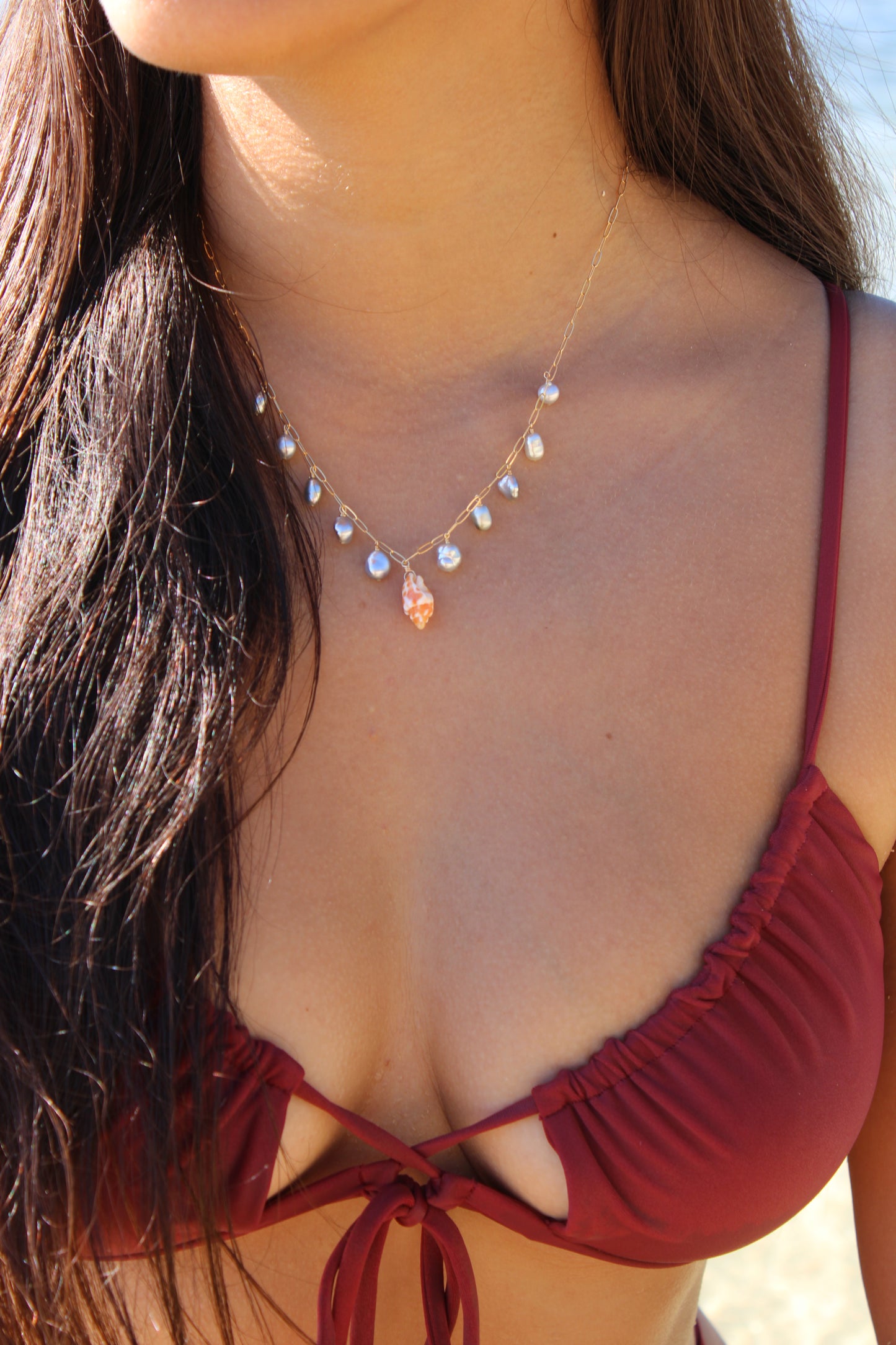 Tahitian Keshi Pearl Necklace w/ Orange Miter