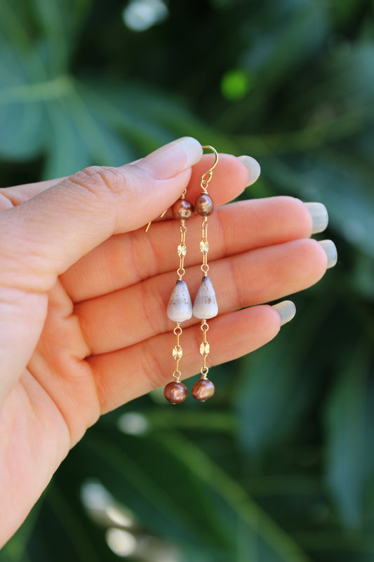 Chocolate Keshi Pearl Earrings w/ Mini Cone Shells